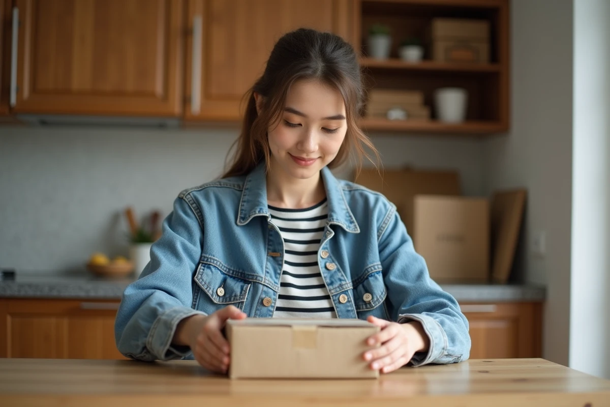 Jeune femme emballant un colis à la maison pour l'expedition