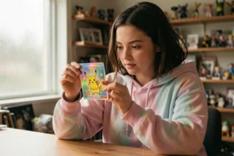 Jeune femme examinant une carte Pikachu ex Étincelles Déferlantes à son bureau, guide d'achat débutant