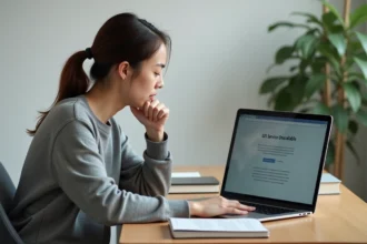 Femme frustrée devant un écran d'ordinateur affichant une page d'erreur de site web indisponible