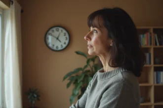 Femme contemplant une horloge analogique affichant 15h55, heure miroir symbolique, dans un intérieur minimaliste chaleureux