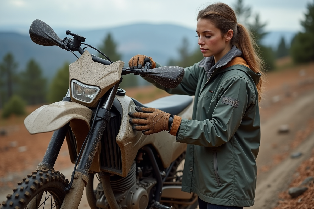 Jeune femme inspectant le filtre à air de sa moto tout-terrain