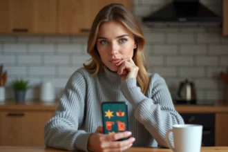 Femme jouant au jeu 4 Images 1 Mot sur smartphone avec une énigme de 9 lettres