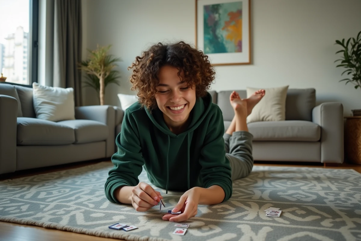 Jeune femme jouant seule à un jeu de cartes dans un appartement moderne