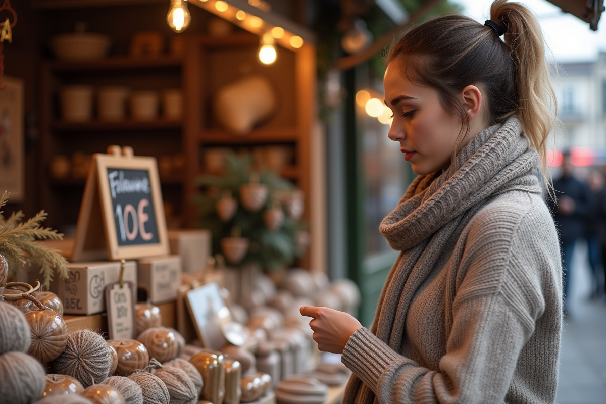 Jeune femme examine un cadeau insolite dans un marché de Noël