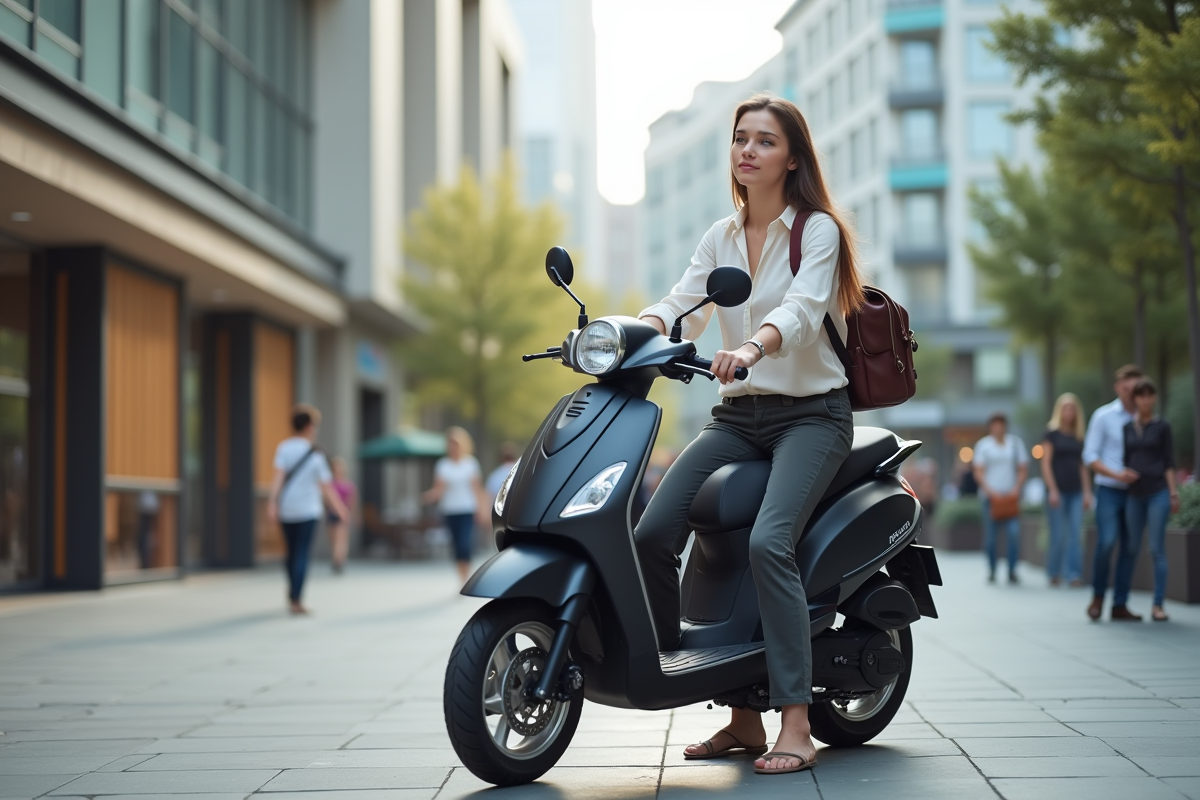 Femme en blouse et moto dans un centre urbain animé