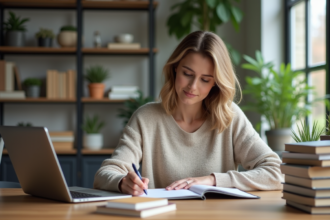 Femme organisée écrivant dans un planner dans un bureau moderne