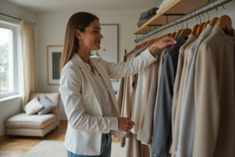 Femme élégante arrangeant ses vêtements dans un dressing moderne