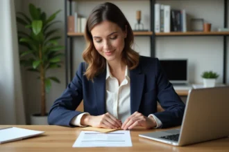 Femme en blazer navy préparant son CV dans un bureau organisé