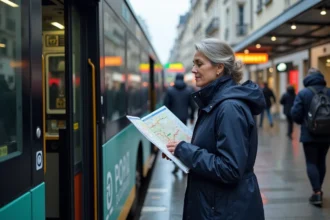 Femme en imperméable bleu regardant un plan de métro parisien