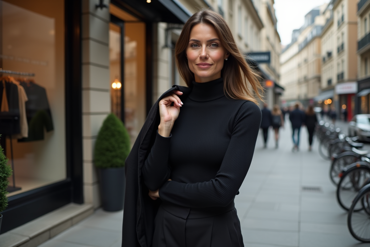 Femme parisienne confiante devant une boutique moderne en ville