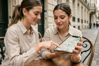 Femme consultant un plan de Paris en ligne sur smartphone dans un café parisien