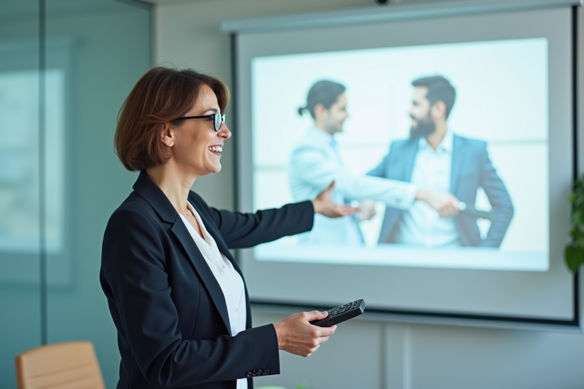 Femme d affaires souriante utilise un projecteur en réunion