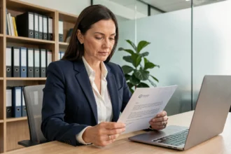 Femme professionnelle relisant une lettre administrative dans un bureau moderne, illustrant les formules de politesse professionnelles
