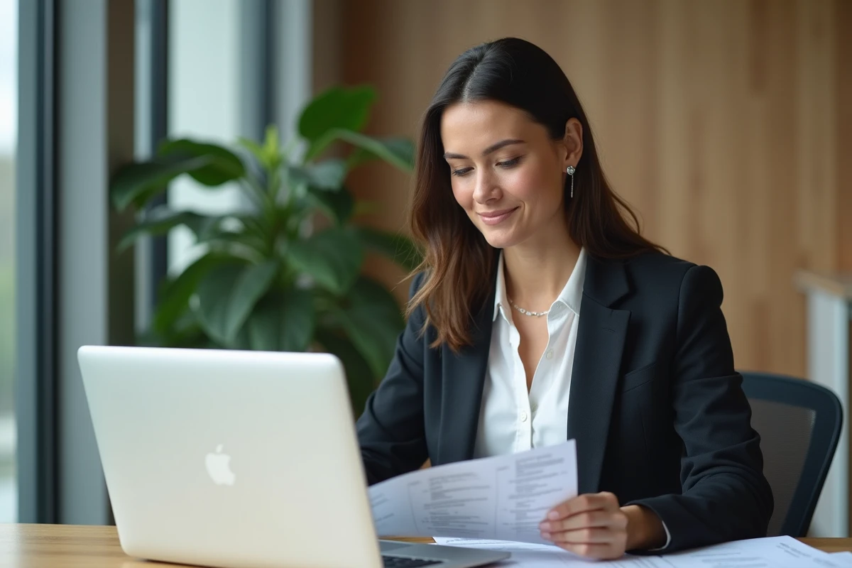 Femme en blazer examinant des candidatures au bureau