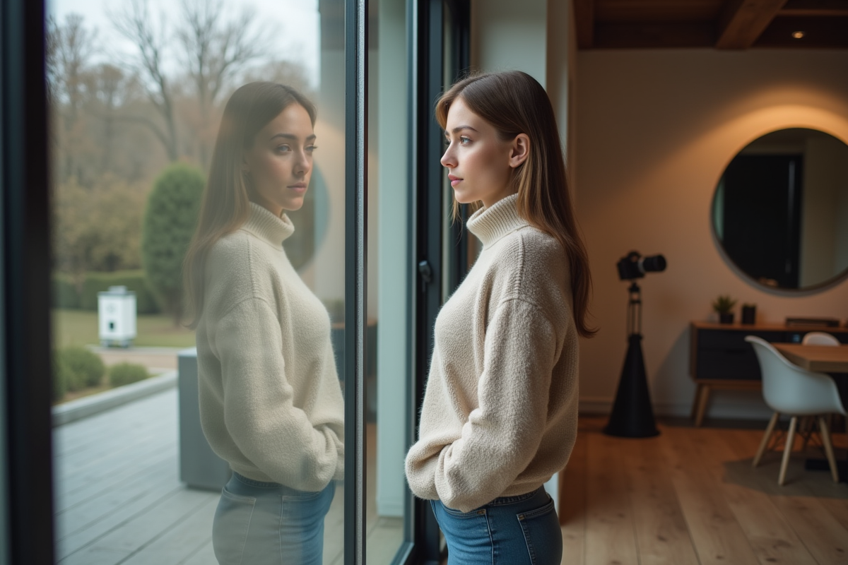 Jeune femme regardant par une grande fenêtre intérieure