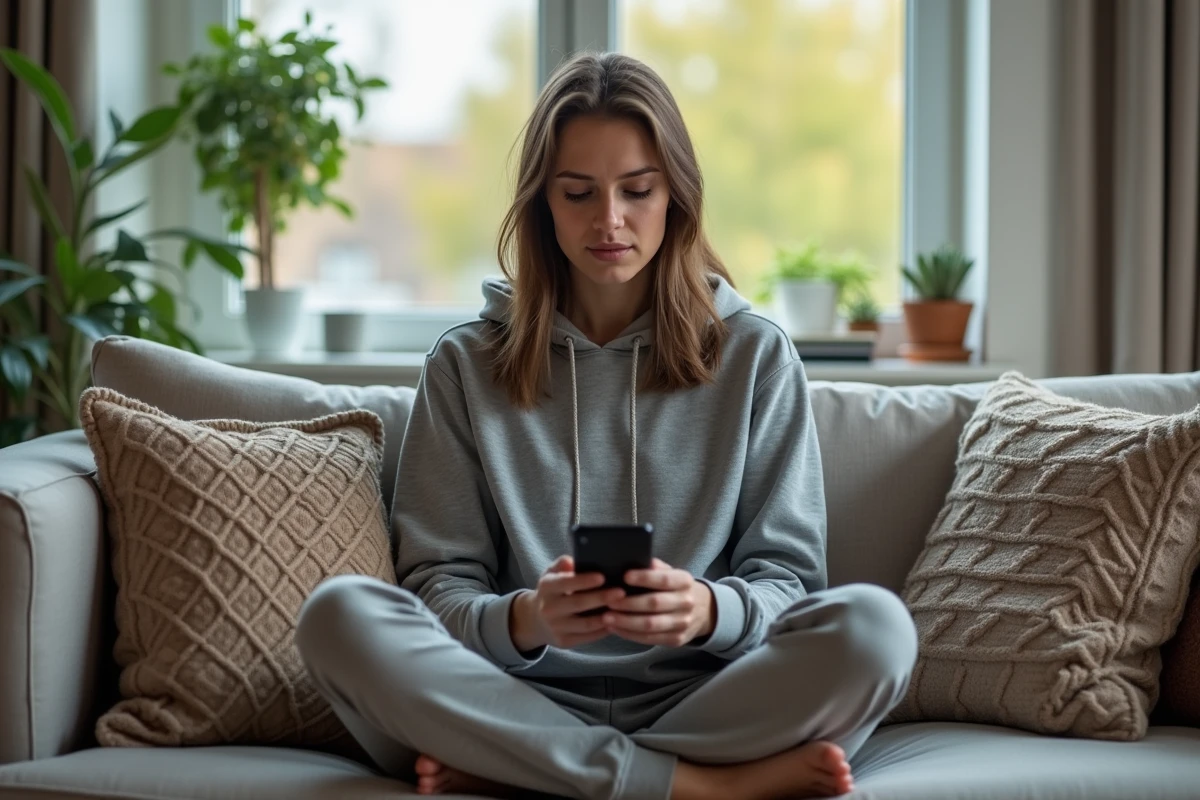 Femme assise sur le canapé vérifiant un site web sur son smartphone