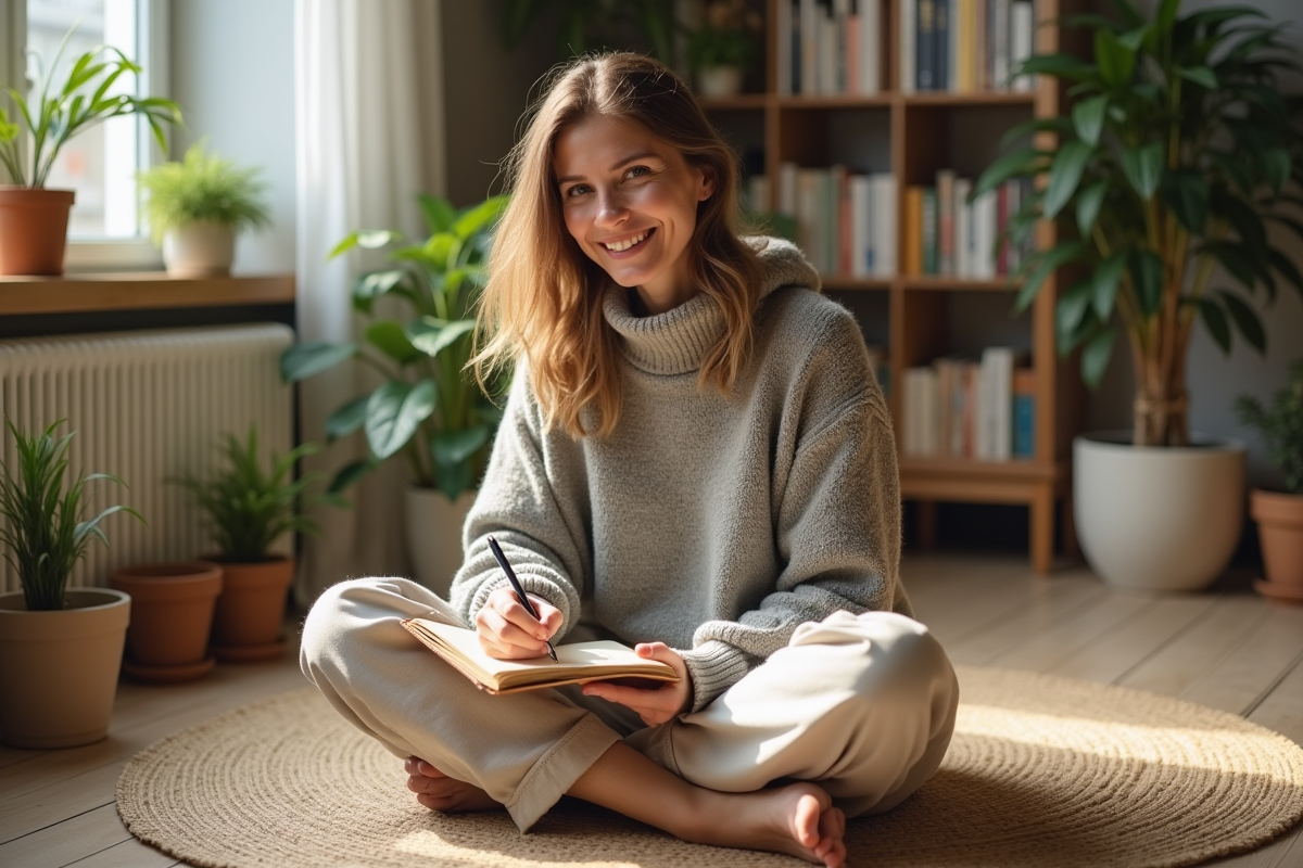 Femme souriante en intérieur avec carnet et plantes