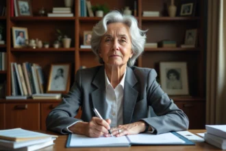 Femme senior assise à son bureau avec documents