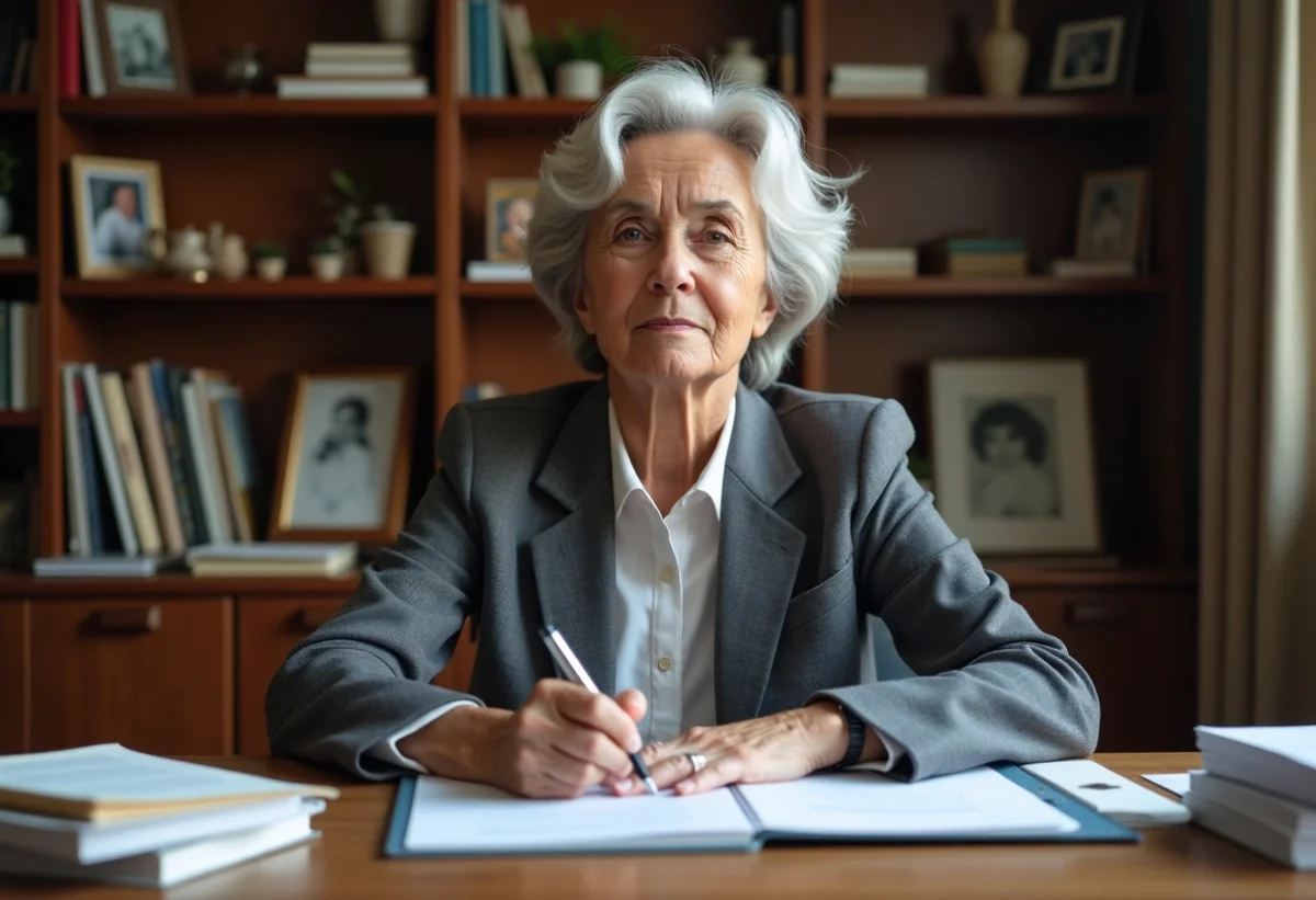 Femme senior assise à son bureau avec documents