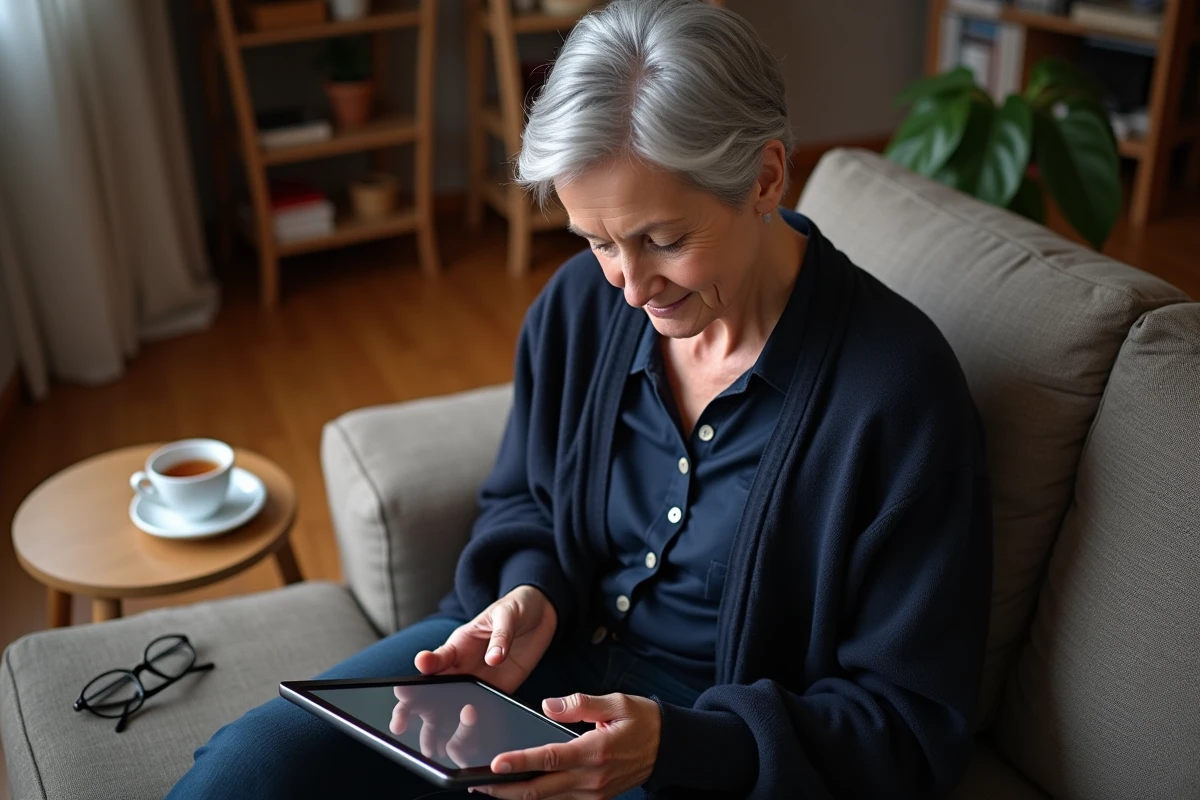 Femme senior utilisant une tablette pour contacter le service client Amazon et signaler un problème