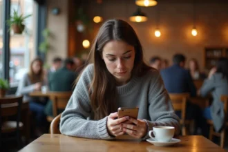 Jeune femme seule dans un café regardant son téléphone avec une expression pensive, symbolisant le silence radio dans une relation de flamme jumelle