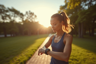 Femme sportive vérifiant sa montre connectée dans un parc en matinée