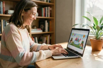Femme téléchargeant des GIFs d'anniversaire gratuits sur son ordinateur portable depuis un bureau à domicile