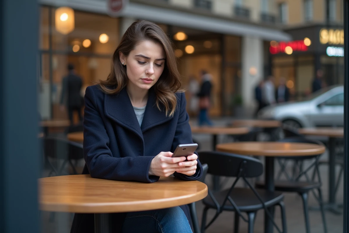 Jeune femme utilisant son smartphone dans un café à Caen
