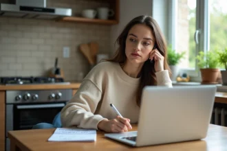 Jeune femme au téléphone dans une cuisine chaleureuse