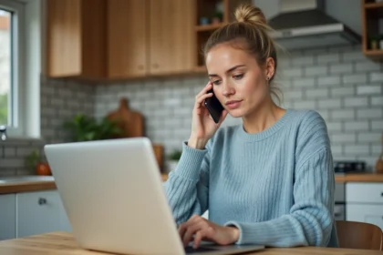 Femme au téléphone avec le service client Amazon depuis son domicile, ordinateur ouvert sur la table