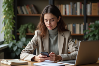 Femme réfléchissant à des applications de traduction sur son ordinateur