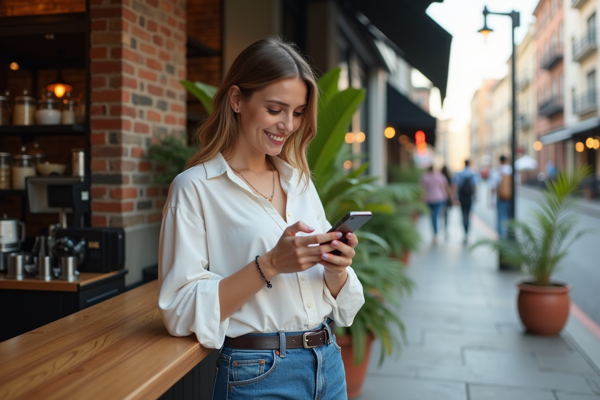 Femme en jeans et blouse blanche dans un café urbain