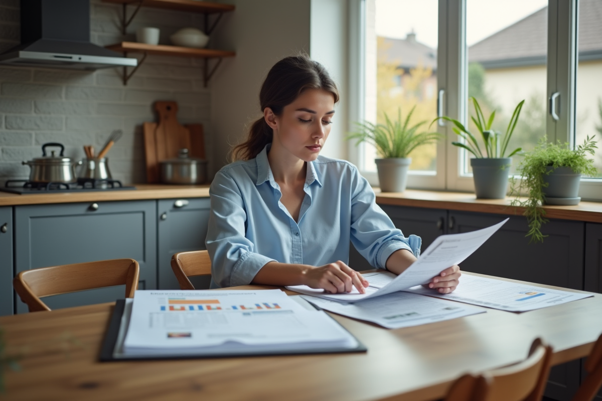 Jeune femme analysant documents d