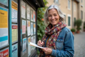 Femme souriante note dates dans un village français