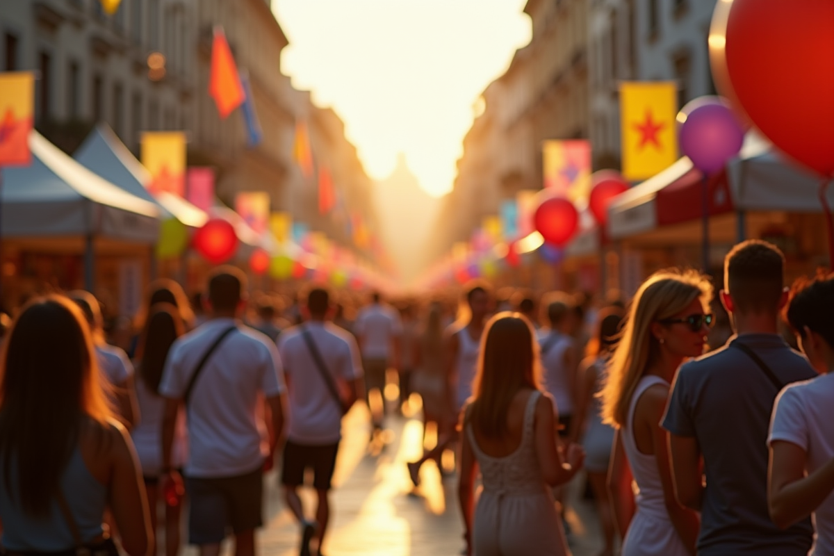 Festival de Geneve en plein air avec drapeaux et foule