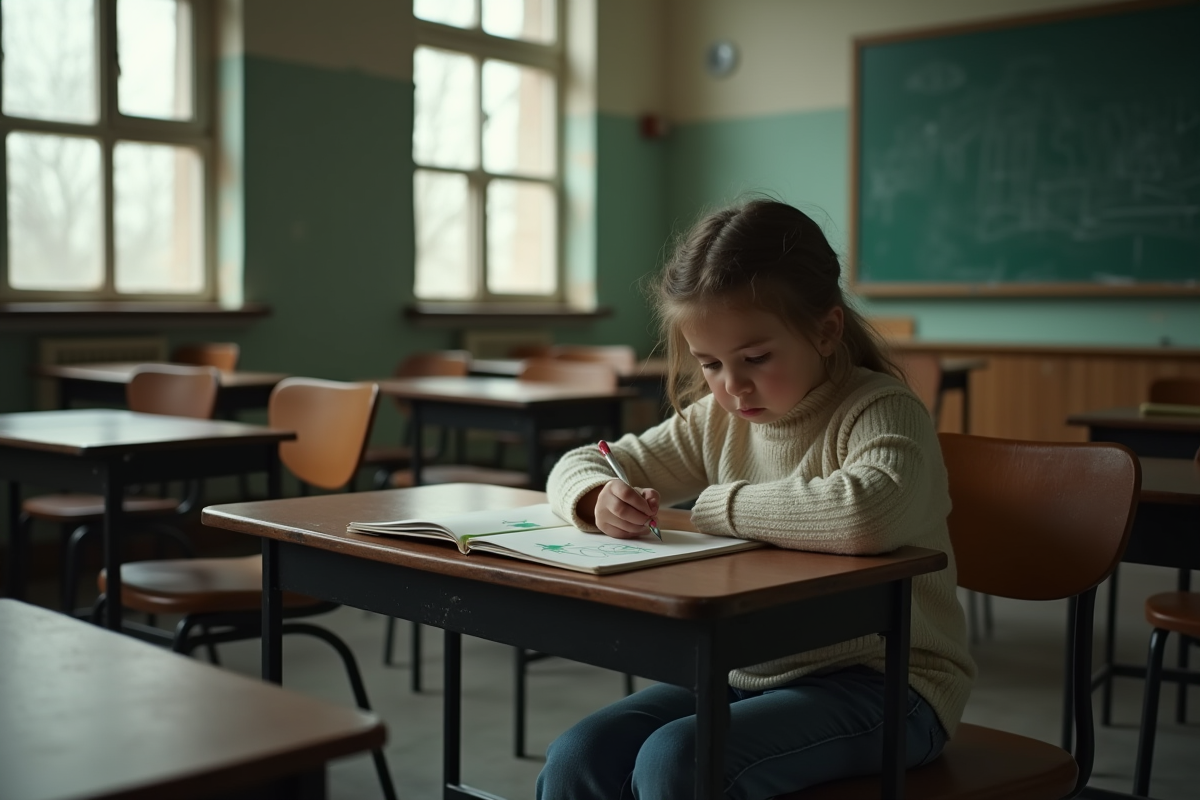 Fille dessinant dans un cahier dans une classe sombre