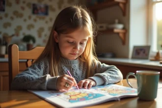 Jeune fille pointant des différences dans un livre de puzzle