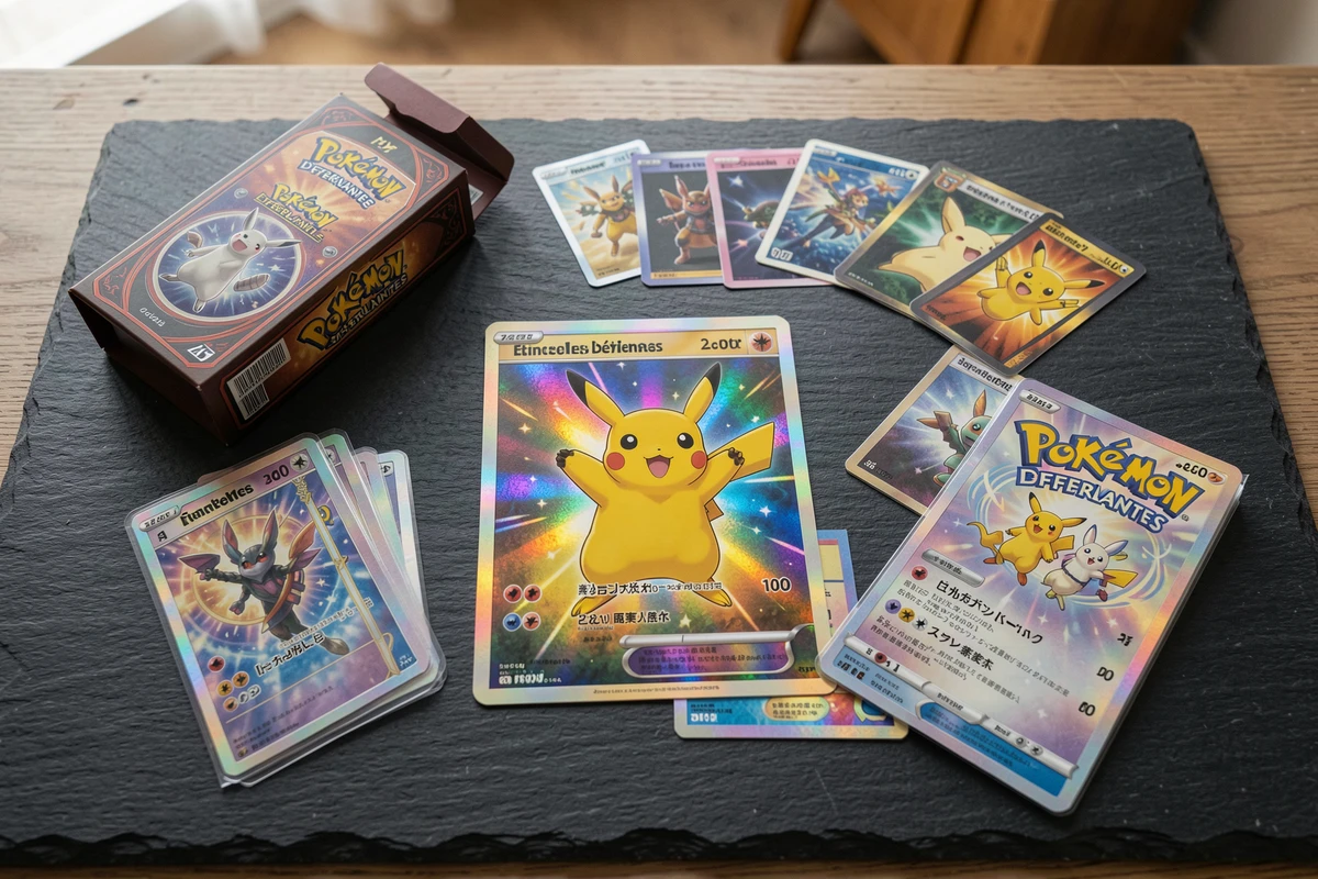 Flat-lay de cartes Pikachu ex Étincelles Déferlantes avec accessoires pour guide d'achat débutant