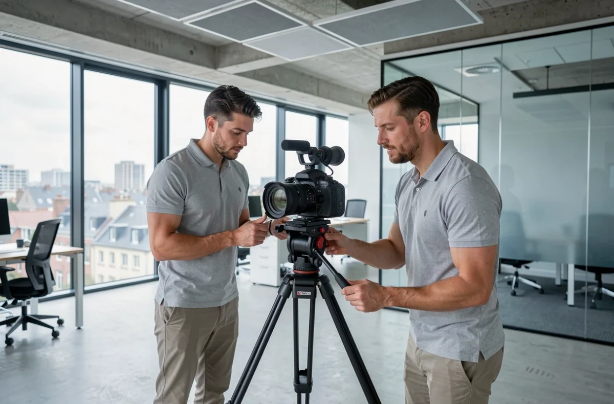 Équipe de production vidéo corporate installant une caméra dans un bureau moderne à Nantes pour FlowProd