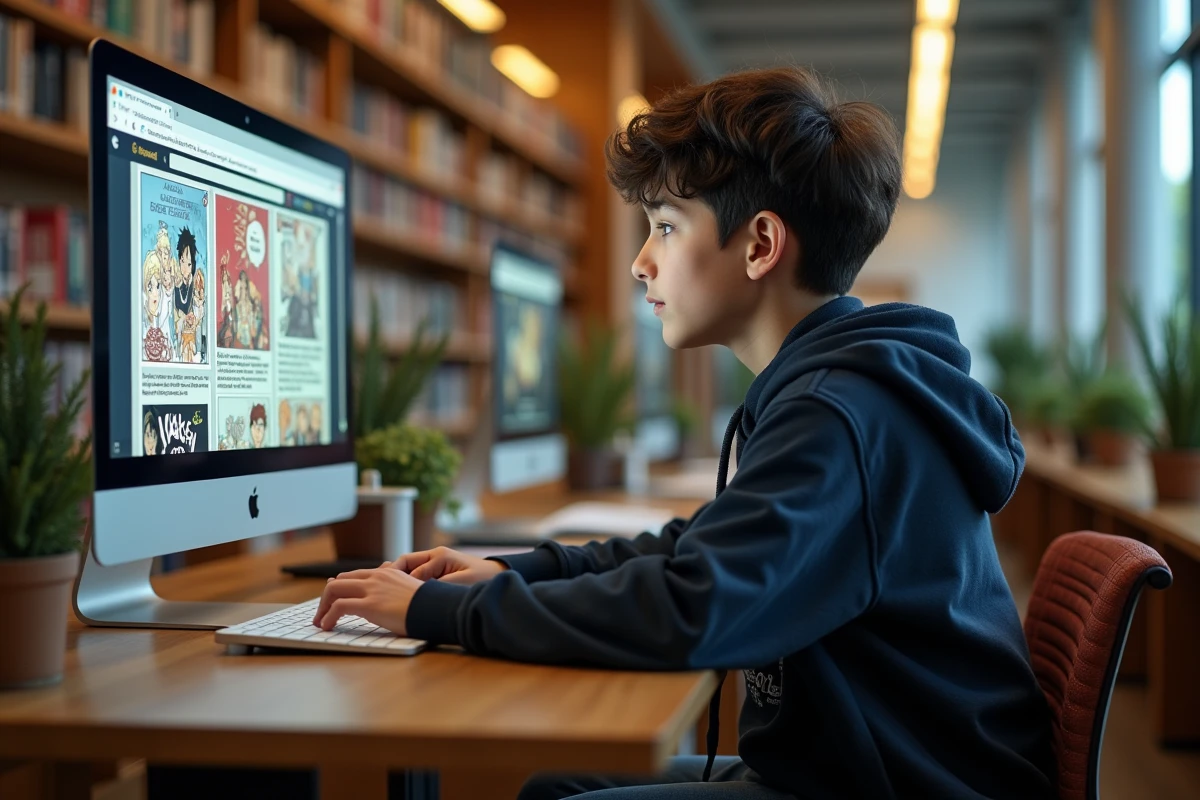 Adolescent regardant un site manga dans une bibliothèque moderne