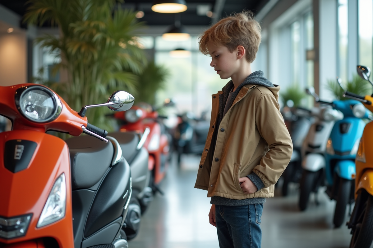 Adolescent examinant des scooters dans un showroom moderne
