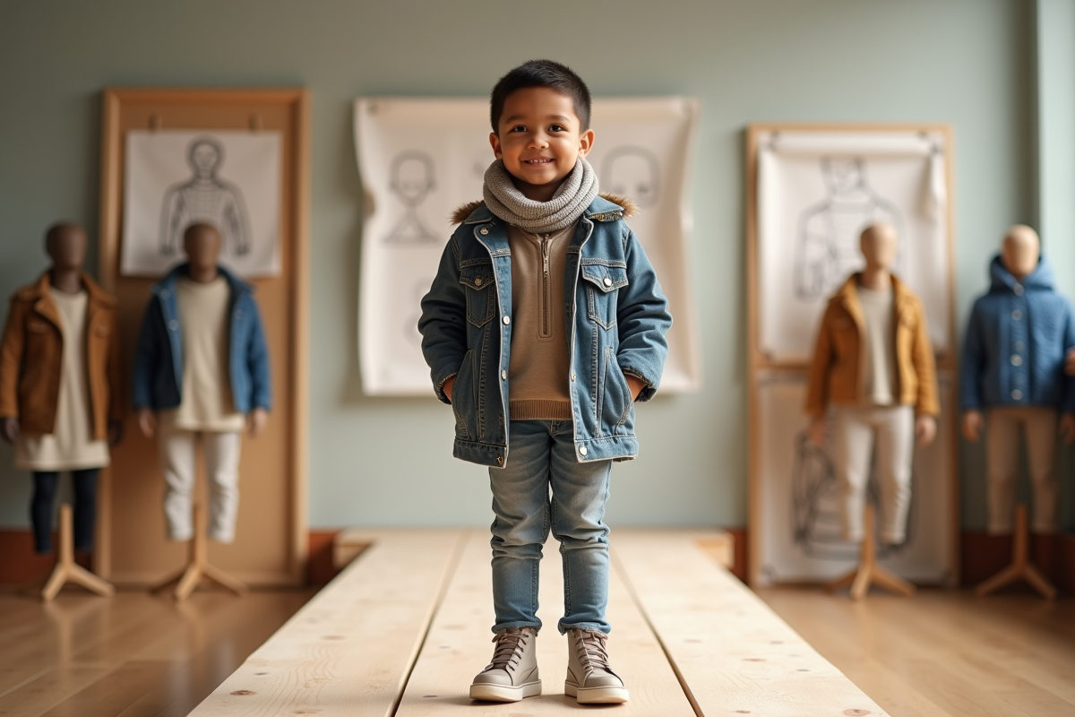 Garçon de 7 ans fièrement sur un podium avec sa création de mode