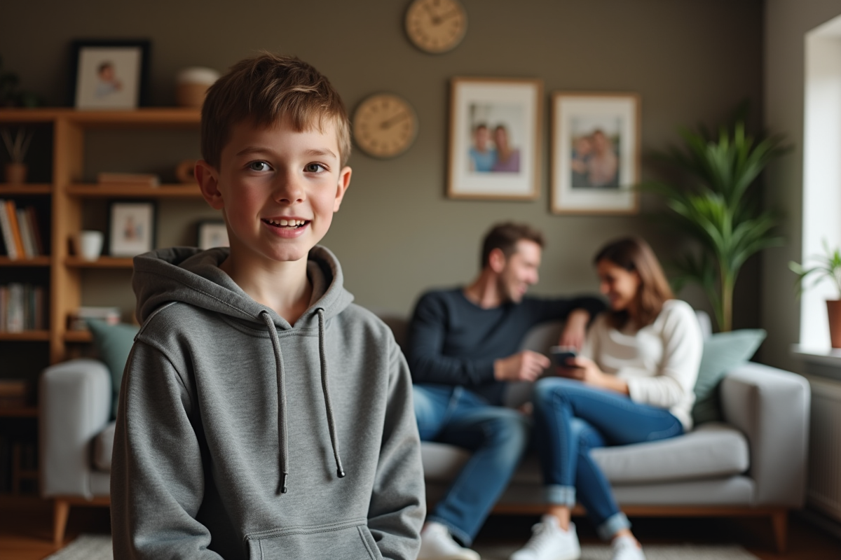Garçon parlant dans le salon avec ses parents souriants