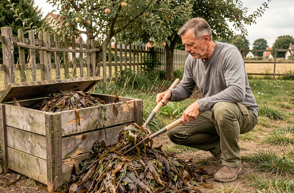 Jardinier mélangeant des algues goémon séchées dans un bac à compost en bois dans un jardin normand