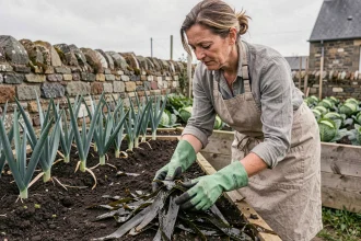 Femme jardinière épandant du goémon (algues marines) comme paillis autour de légumes dans un potager breton en pierres