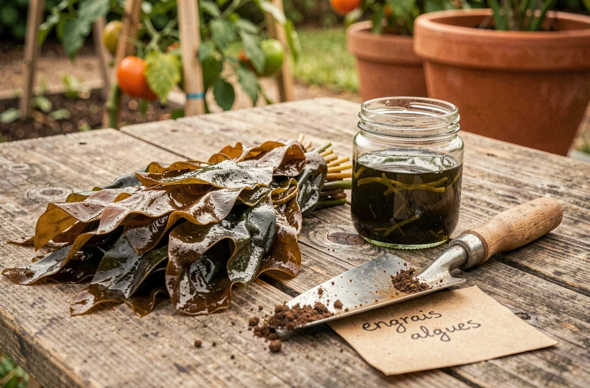 Composition rustique de goémon frais, d'engrais liquide aux algues et d'outils de jardinage sur une table en bois au potager