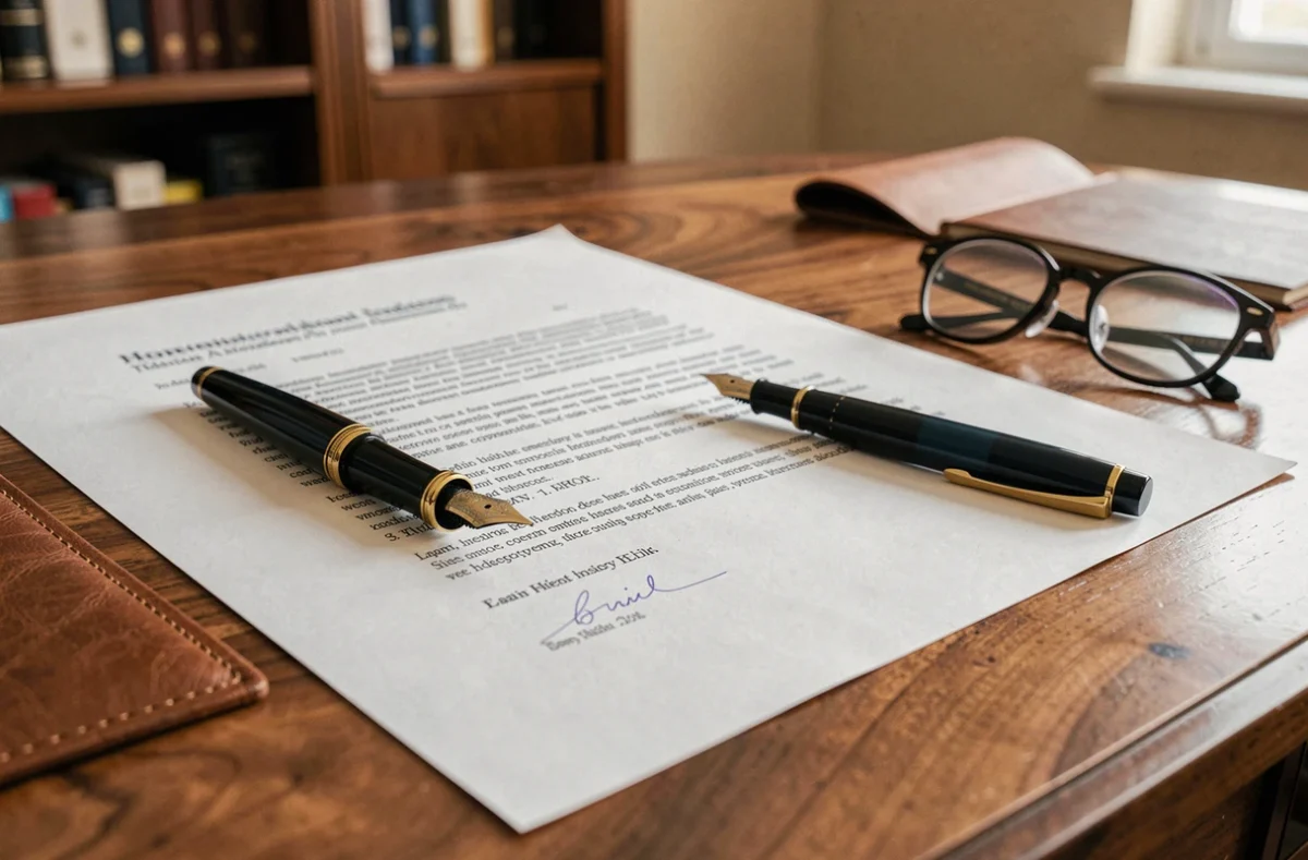 Gros plan d'une lettre administrative professionnelle avec stylo plume sur bureau en bois, symbolisant les formules de politesse formelles