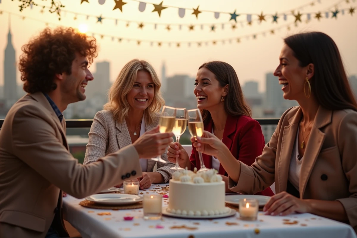 Groupe d'amis célébrant des anniversaires de célébrités en terrasse urbaine avec champagne et décorations festives