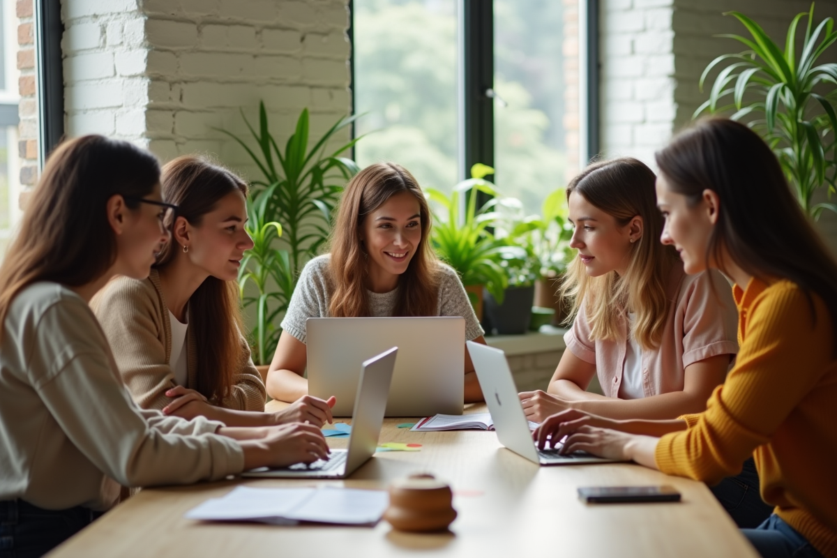Groupe de jeunes discutant mode écologique en espace lumineux