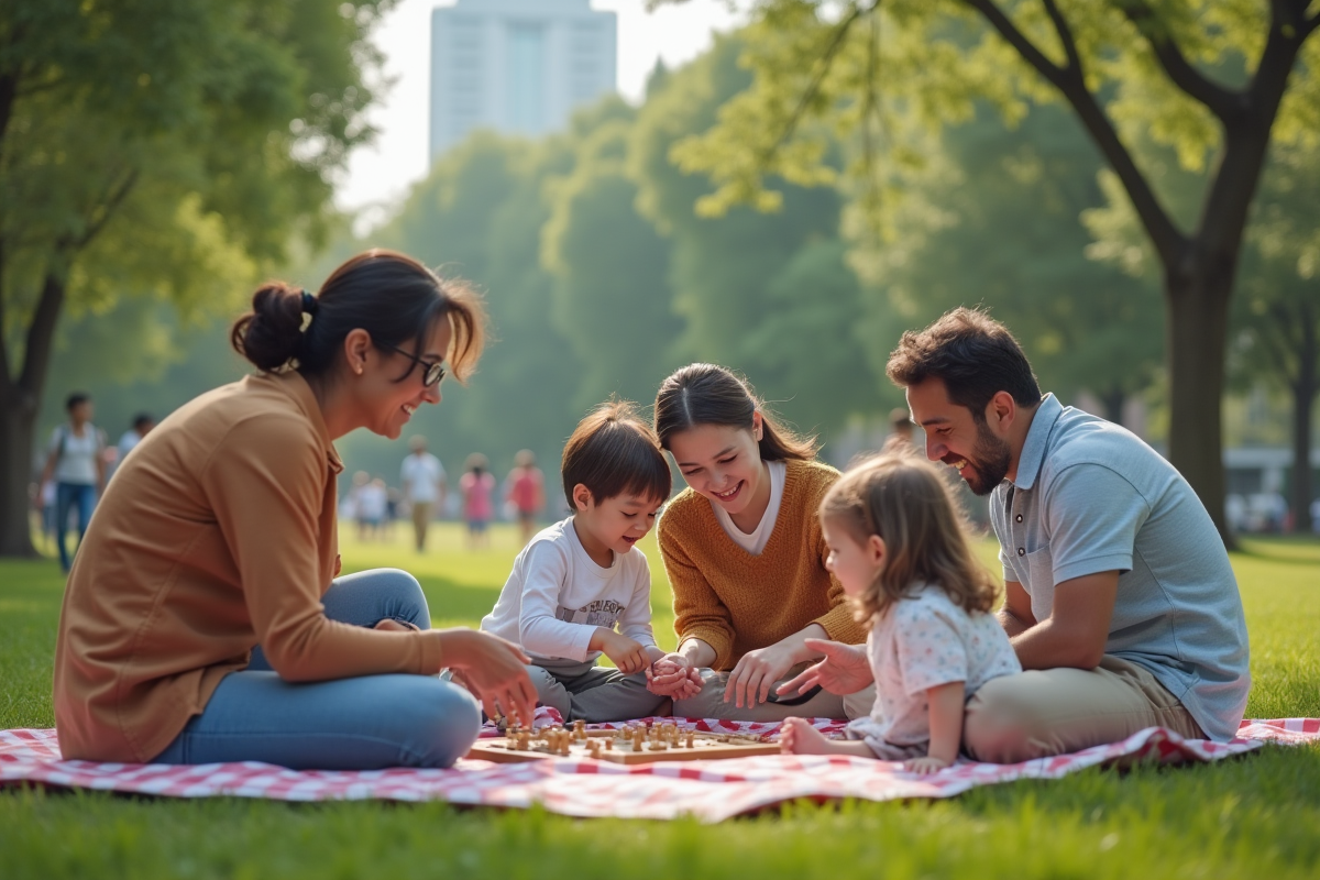 Enfants et parents jouant dans un parc urbain en famille